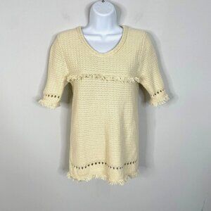 Two Bees Cashmere Womens Sweater M Ivory FRINGE Half Sleeve SOFT Cotton Blend